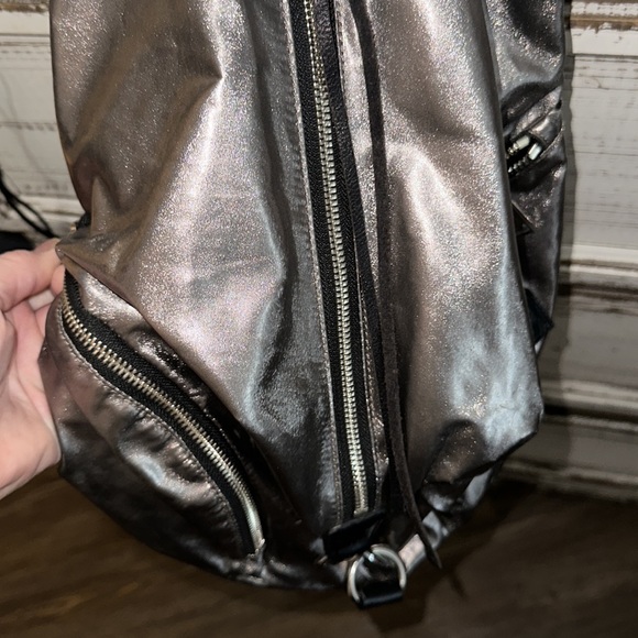 NWOT Rebecca minkoff gray metallic leather backpack so cute silver hardware main image 12